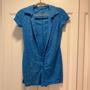 Blue Button Up Terry Cloth Pattern Romper, XS